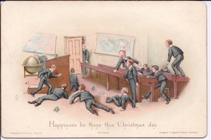 Viktorianische Weihnachtskarte eines Schulleiters, der auf ungezogene Jungen im Klassenzimmer schaut, um 1880 (Farblitho)