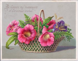 Viktorianische Weihnachtskarte mit Blumen in einem Weidenkorb, ca. 1880