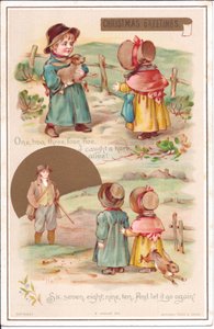 Viktorianische Weihnachtskarte mit zwei Kindern und einem Hasen, ca. 1880