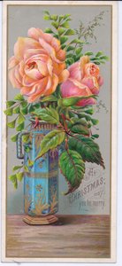 Viktorianische Weihnachtskarte mit Rosen in einer blauen Vase, ca. 1880