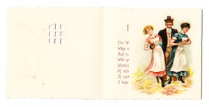 Eine viktorianische Grußkarte eines Gentlemans mit zwei Dienstmädchen, ca. 1880