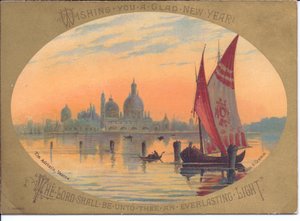 Viktorianische Neujahrskarte eines Bootes und Gondeln auf der Adria, Venedig, ca. 1880 (Farblithographie)