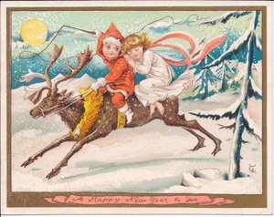 Viktorianische Neujahrskarte mit einem Mädchen und einem Jungen als Feen, die auf einem Rentier bei Mondschein reiten, ca. 1880 von English School