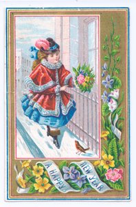 Viktorianische Neujahrskarte mit einem Mädchen in einem pelzgefütterten Umhang, das einen Blumenstrauß hält und im Schnee geht, ca. 1880