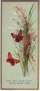 Eine viktorianische Neujahrskarte mit zwei Schmetterlingen zwischen hohen Gräsern, ca. 1880
