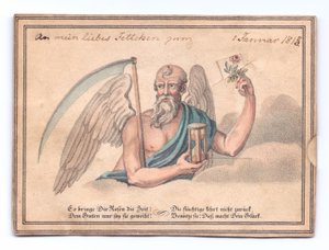 Viktorianische Grußkarte des Sensenmanns mit Sense und Sanduhr, der eine Rose hält, um 1815 (Farblitho) von English School