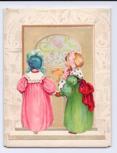Viktorianische Grußkarte mit zwei Kindern, die Hauben tragen und im Begriff sind, eine Haustür zu betreten, ca. 1880