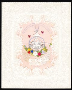 Eine viktorianische Spitzen-Valentinskarte mit einem Brunnen und Blumen, um 1870 von English School