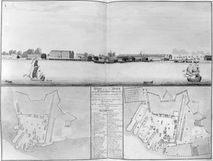 Ansicht der königlichen Werft in Portsmouth, gegenüber dem neuen Dock, 1698