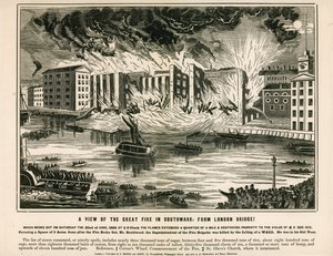 Ansicht des Großen Feuers in Southwark, von der London Bridge von English School