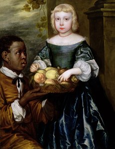 Ein junges Mädchen, dem ein Diener einen Korb mit Früchten anbietet, ca. 1650
