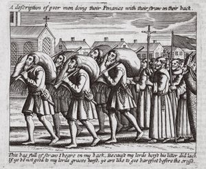 Eine Beschreibung armer Männer, die ihre Buße mit Stroh auf dem Rücken tun, Illustration aus Acts and Monuments von John Foxe, neunte Ausgabe, veröffentlicht 1684
