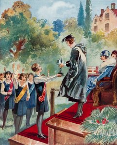 Ein Triumph der vierten Klasse: ein Schulmädchen erhält eine Trophäe von English School