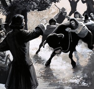 Eine Gruppe von Störern versuchte, John Wesleys Predigt zu stören, indem sie einen Stier in die Menge trieben von English School