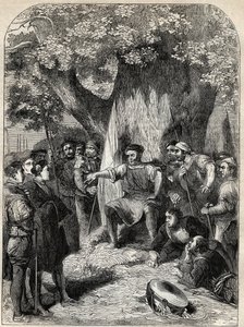 Eine Gruppe von Andersdenkenden in Norfolk während der Rebellion von Robert Kett im Jahr 1549 - Revolte in Norfolk, England während der Herrschaft von Edward VI - Ket der Gerber (1492-1549) hält eine Rede unter der Eiche der Reformation - Gravur aus „Gesch