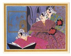 Handkolorierte französische Pochoir-Weihnachtskarte, die drei Damen zeigt, die aus einem Liederbuch singen, ca. 1920