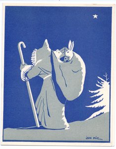 Eine handkolorierte französische Pochoir-Weihnachtskarte von Weihnachtsmann in Silhouette, der mit einem Stock geht und einen Sack mit einem Hasen und einem Bären darin trägt, um 1920 von English School