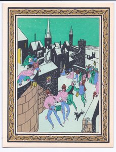 Eine handkolorierte französische Pochoir-Weihnachtskarte mit einer Parade von Musikern, die in den Festungsmauern eines Schlosses auftreten, ca. 1920