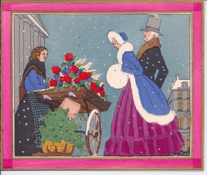 Eine handkolorierte französische Pochoir-Weihnachtskarte einer viktorianischen Blumenverkäuferin, die ihren Rosenkarren Passanten zeigt, ca. 1920 von English School