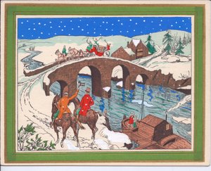 Handkolorierte französische Pochoir-Weihnachtskarte einer von Pferden gezogenen Kutsche, die eine Brücke überquert, und eines Reiters, der seinen Hut zum Gruß hebt, ca. 1920