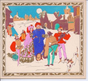 Handkolorierte französische Pochoir-Weihnachtskarte eines Paares elisabethanischer Straßenmusikanten, die einen Herrn und eine Dame unterhalten, während ihr Page eine Laterne hält, ca. 1920