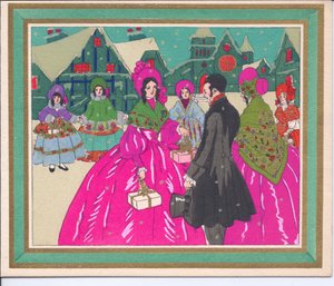 Eine handkolorierte französische Pochoir-Weihnachtskarte von Damen in Reifrockkleidern und einem Herrn im Gehrock und Zylinder, um 1920