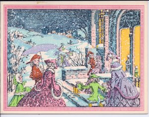 Eine handkolorierte französische Pochoir-Weihnachtskarte von Partygästen, die im Schnee zu einem Herrenhaus kommen, ca. 1920
