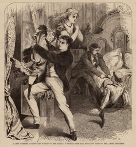 Eine Dame, die gegen den Willen ihrer Familie verheiratet ist, wird von ihren wütenden Brüdern aus den Armen ihres Mannes entführt (Gravur) von English School