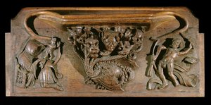 Eine Miserikordie, die eine kunstvoll geschnitzte Hydra darstellt, symbolisch für die sieben Todsünden, mit einem realistischen menschlichen Kopf, New College Chapel, Oxford, spätes 14. Jahrhundert