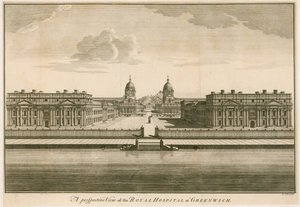 Eine perspektivische Ansicht des Königlichen Hospitals in Greenwich, London von English School