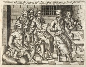 Ein Bild, das die Art und den Ort derjenigen beschreibt, die wegen des Zeugnisses der Wahrheit in Fesseln waren und untereinander konferierten, Illustration aus Acts and Monuments von John Foxe, neunte Ausgabe, veröffentlicht 1684