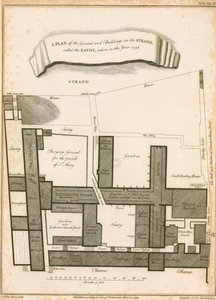 Ein Plan des Geländes und der Gebäude im Strand namens Savoy, aufgenommen im Jahr 1736 von English School