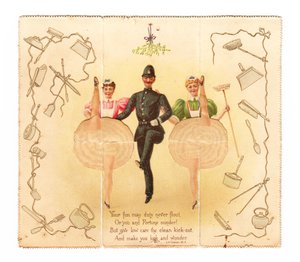 Eine Pop-up-Karte eines Polizisten und zwei Frauen, die den hohen Tritt machen, ca. 1920 (Farblithographie)