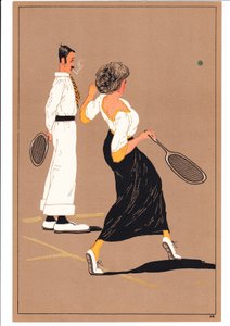 Druck von zwei Tennisspielern in komischen und humorvollen Posen, ca. 1920 von English School