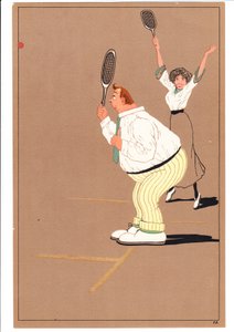 Ein Druck von zwei Tennisspielern in komischen und humorvollen Posen, ca. 1920