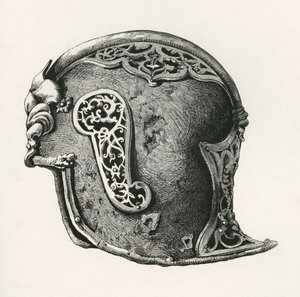 Ein Sallet, auch bekannt als Salade oder Schaller-Kriegshelm, ca. 1450 n. Chr., aus The British Army: Its Origins, Progress and Equipment, veröffentlicht 1868. von English School