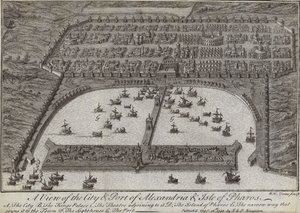 Ansicht der Stadt und des Hafens von Alexandria und der Insel Pharos, Ägypten, 1738 von English School