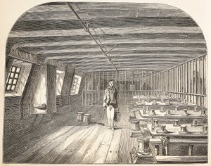 Ein Saal an Bord der Defence-Hulk, vorbereitet für die Rückkehr der Gefangenen zum Abendessen, Illustration aus The Criminal Prisons of London and Scenes from Prison Life von Henry Mayhew und John Binny, veröffentlicht 1862 von English School