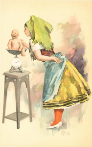 Eine Frau wiegt ein weinendes Baby auf einer Waage