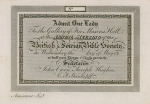 Eintrittskarte für die jährliche Versammlung der Foreign Bible Society in der Freemasons Hall von English School