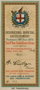 Eintrittskarte zur Internationalen Kommunalen Unterhaltung in der Guildhall, London, am 29. Juli 1875 von English School