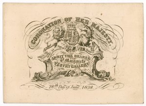 Eintrittskarte zur St. Margarets Vestry Gallery, zur Krönung von Königin Victoria, 28. Juni 1838, Vorderseite von English School