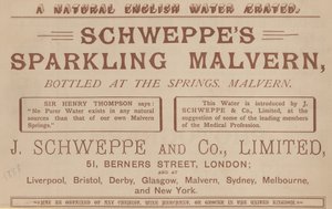 Anzeige für Schweppes Sparkling Malvern, abgefüllt an den Quellen, Malvern von English School