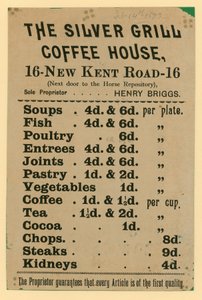 Anzeige für The Silver Grill Coffee House, 16 New Kent Road, London von English School