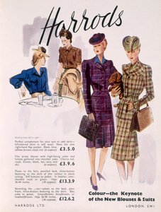 Werbung für Damenblusen und -anzüge bei Harrods, 1945 von English School