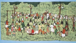 Afrikanisches Batik, das ein Fußballspiel mit Zuschauern darstellt von English School