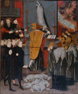 Eine antikatholische Allegorie mit Porträts von Stephen Gardiner, dem Bischof von Winchester, und den Bischöfen Bonner und Tunstall als Wölfe, und mit den Körpern von Hooper, Cranmer, Goodrich, Ridley Latimer und Rogers als Lämmer, ca. 1555