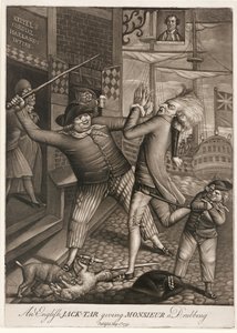 Ein englischer Jack-Tar gibt Monsieur eine Tracht Prügel, veröffentlicht 1779 (Mezzotinto)