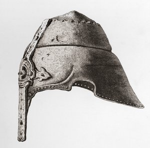 Ein früher Nasenhelm aus dem 12. Jahrhundert, aus Die britische Armee: Ihre Ursprünge, Fortschritte und Ausrüstung, veröffentlicht 1868. von English School