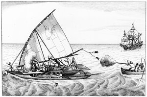 Ein Vorfall während der Weltumsegelung von Le Maire und Schouten 1615-16, aus Band II der Chronological History of the Voyages and Discoveries in the South Sea